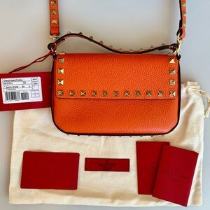 NWT Authentic Valentino Garavani Orange Leather Studded Crossbody Bag